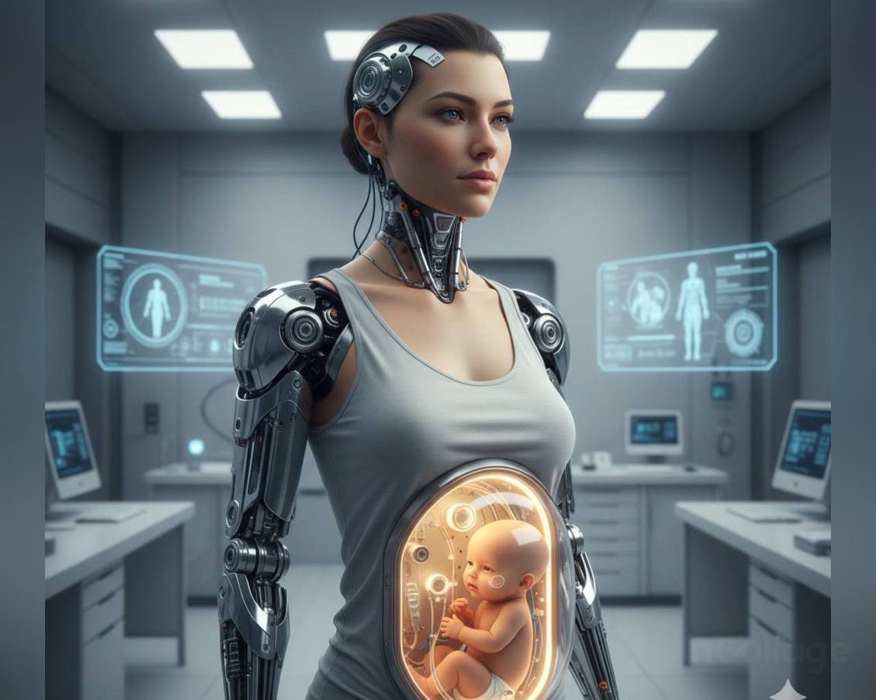Новорожденный находится внутри капсулы, встроенной в робота, демонстрируя концепцию педиатрии будущего с умным контролем здоровья малыша.