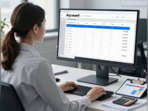 Бухгалтер за компьютером работает с финансовыми данными в цифровой системе с использованием искусственного интеллекта