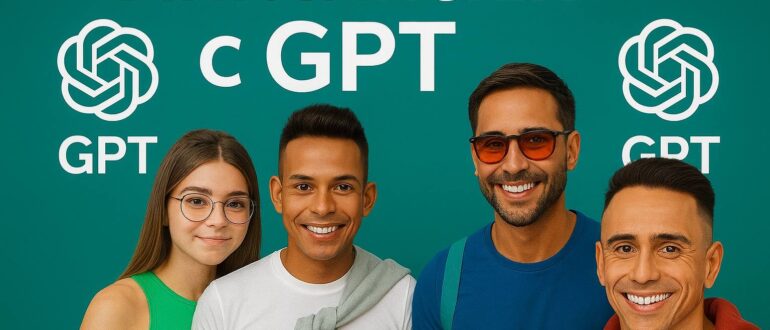Учите английский с ChatGP группа молодых людей на фоне логотипов GPT — символ современного обучения и изучения языков с помощью искусственного интеллекта