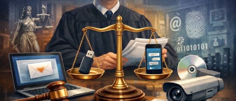 Цифровые доказательства в суде: весы правосудия, ноутбук, флеш-накопитель, смартфон и камера видеонаблюдения как символы электронных доказательств.