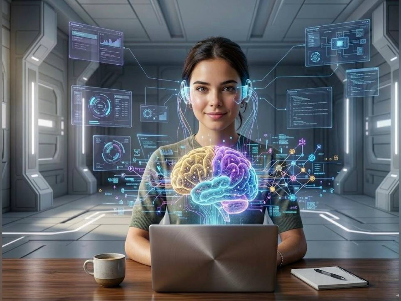 Человек работает с искусственным интеллектом за ноутбуком в современном рабочем пространстве, изучая ошибки новичков при использовании ИИ