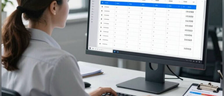 Бухгалтер за компьютером работает с финансовыми данными в цифровой системе с использованием искусственного интеллекта
