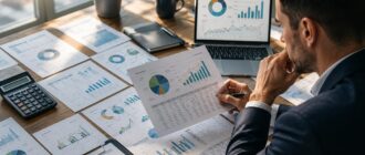 Финансовый аналитик изучает отчёты, графики прибыли и расходов для оценки финансового состояния бизнеса и принятия управленческих решений.