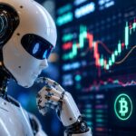 Робот анализирует график криптовалютной биржи перед торговлей