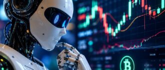 Робот анализирует график криптовалютной биржи перед торговлей