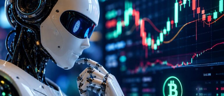 Робот анализирует график криптовалютной биржи перед торговлей