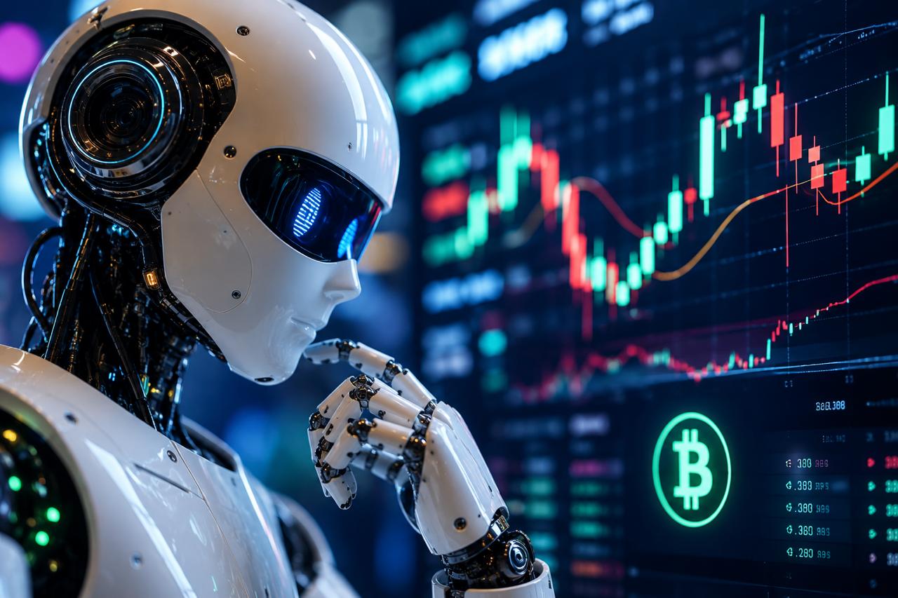 Робот анализирует график криптовалютной биржи перед торговлей
