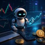 Робот анализирует графики криптовалютной торговли на цифровой платформе