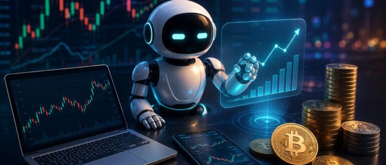 Робот анализирует графики криптовалютной торговли на цифровой платформе