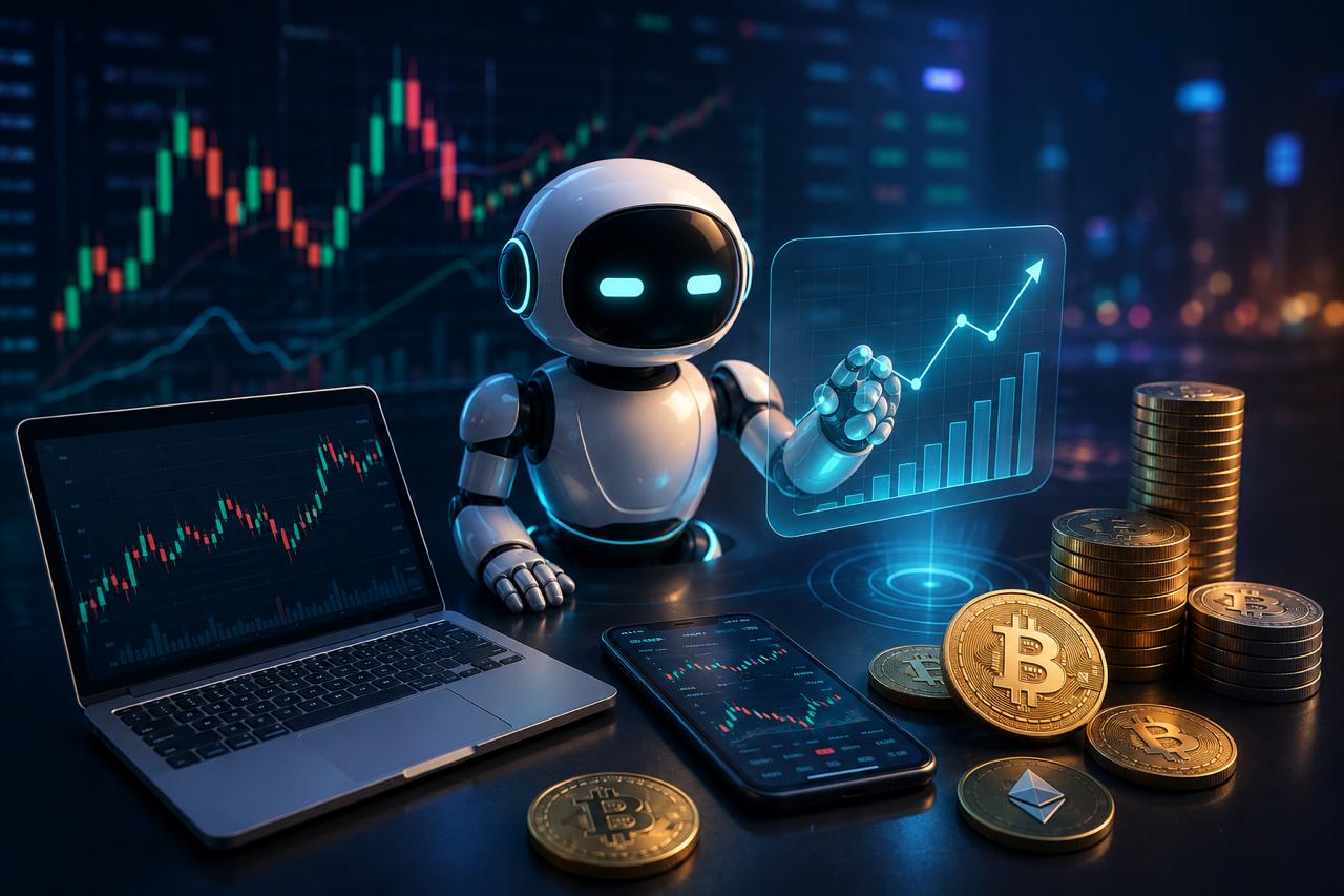 Робот анализирует графики криптовалютной торговли на цифровой платформе